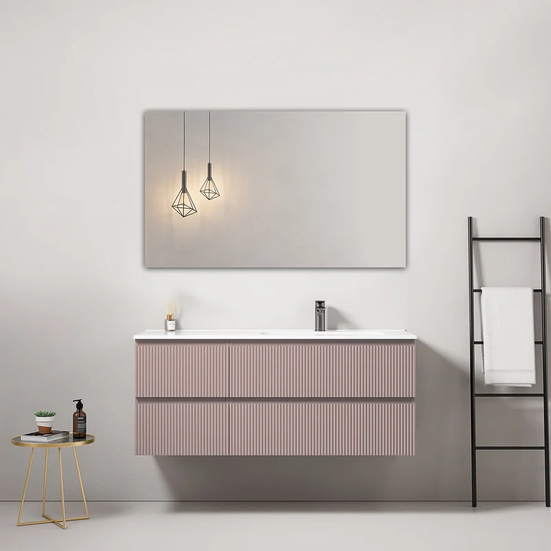 Mobile bagno sospeso cannettato 120 cm Rosa Retro Lavabo a Destra in Ceramica Specchio Quadro - Fiji Paint