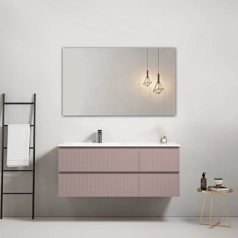 Mobile bagno sospeso cannettato 120 cm Rosa Retro Lavabo a Sinistra in Ceramica Specchio Quadro - Fiji Paint