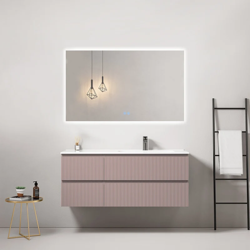 Mobile bagno sospeso cannettato 120 cm Rosa Retro Lavabo a Destra in Ceramica Specchio Quadro Retroilluminato - Fiji Paint