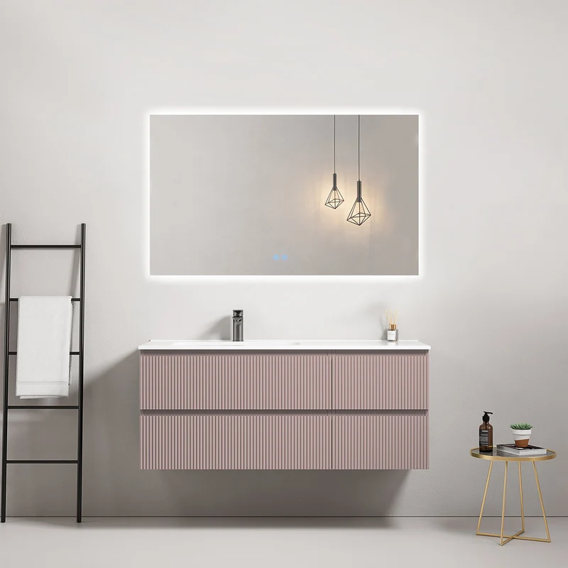 Mobile bagno sospeso cannettato 120 cm Rosa Retro Lavabo a Sinistra in Ceramica Specchio Quadro Retroilluminato - Fiji Paint