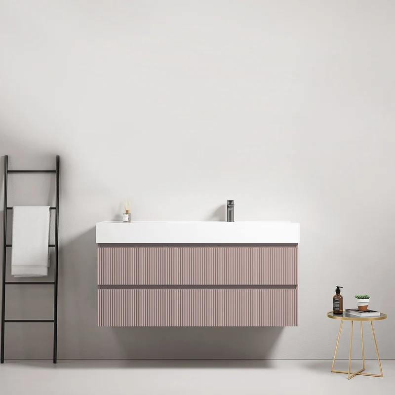 Mobile bagno sospeso cannettato 120 cm Rosa Retro Lavabo a Destra in Resina Senza Specchio - Fiji Paint