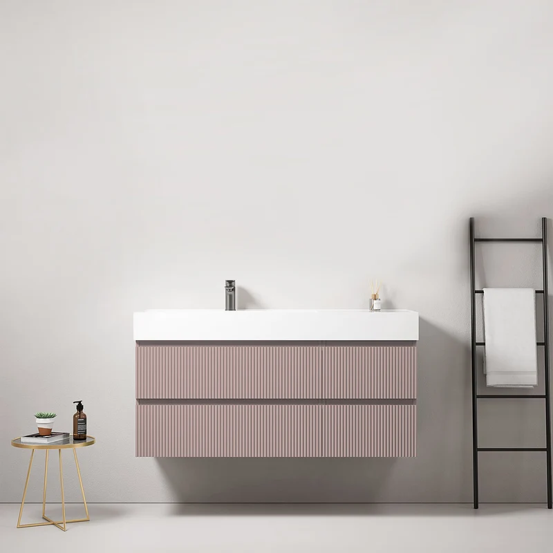 Mobile bagno sospeso cannettato 120 cm Rosa Retro Lavabo a Sinistra in Resina Senza Specchio - Fiji Paint
