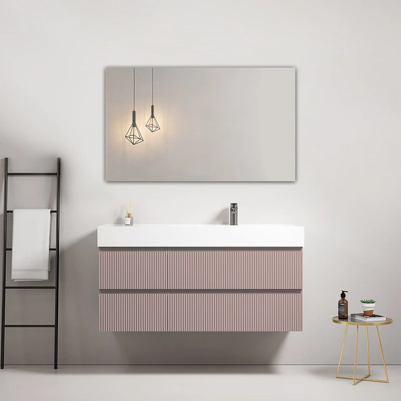 Mobile bagno sospeso cannettato 120 cm Rosa Retro Lavabo a Destra in Resina Specchio Quadro - Fiji Paint