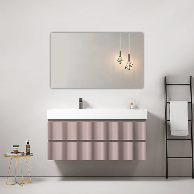 Mobile bagno sospeso cannettato 120 cm Rosa Retro Lavabo a Sinistra in Resina Specchio Quadro - Fiji Paint