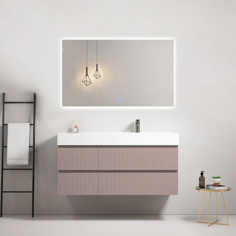 Mobile bagno sospeso cannettato 120 cm Rosa Retro Lavabo a Destra in Resina Specchio Quadro Retroilluminato - Fiji Paint