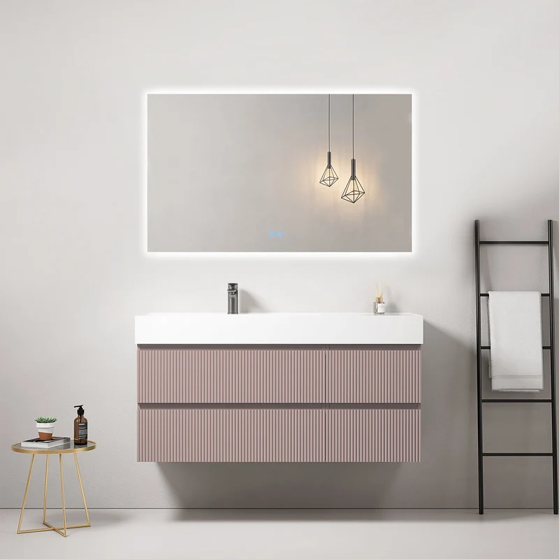 Mobile bagno sospeso cannettato 120 cm Rosa Retro Lavabo a Sinistra in Resina Specchio Quadro Retroilluminato - Fiji Paint