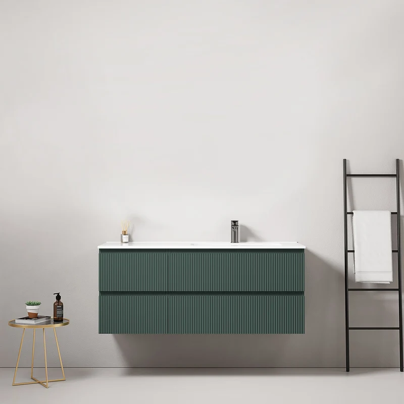 Mobile bagno sospeso cannettato 120 cm Verde Comodoro Lavabo a Destra in Ceramica Senza Specchio - Fiji Paint