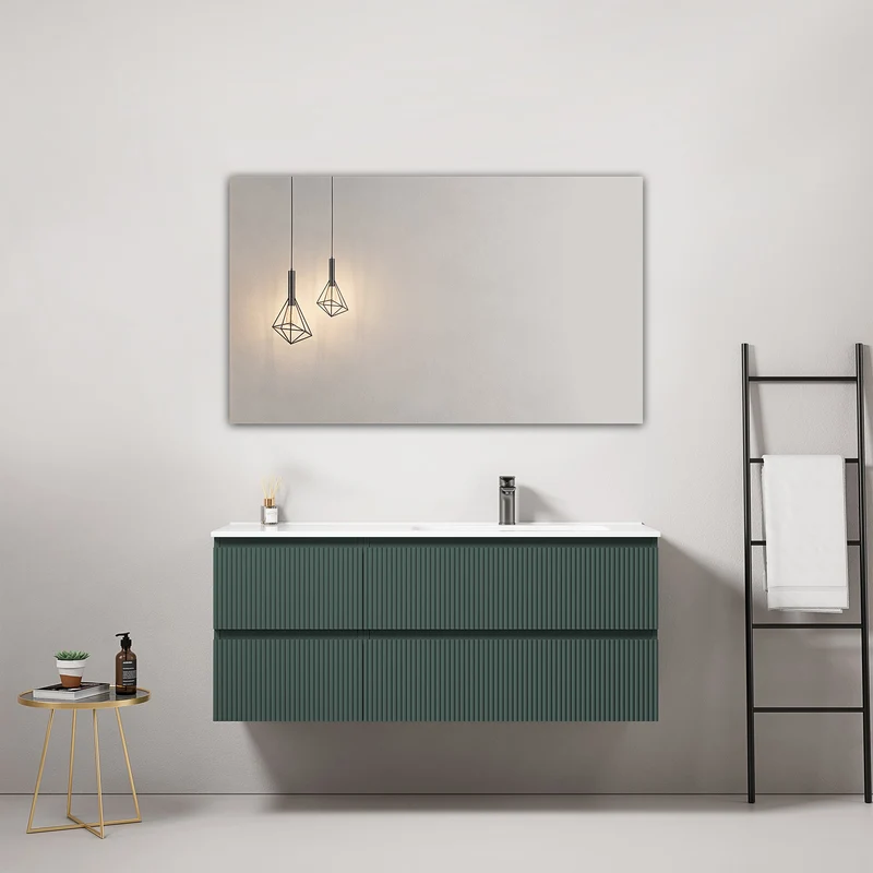 Mobile bagno sospeso cannettato 120 cm Verde Comodoro Lavabo a Destra in Ceramica Specchio Quadro - Fiji Paint