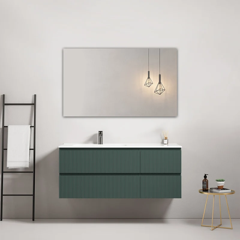 Mobile bagno sospeso cannettato 120 cm Verde Comodoro Lavabo a Sinistra in Ceramica Specchio Quadro - Fiji Paint