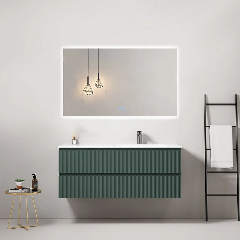 Mobile bagno sospeso cannettato 120 cm Verde Comodoro Lavabo a Destra in Ceramica Specchio Quadro Retroilluminato - Fiji Paint