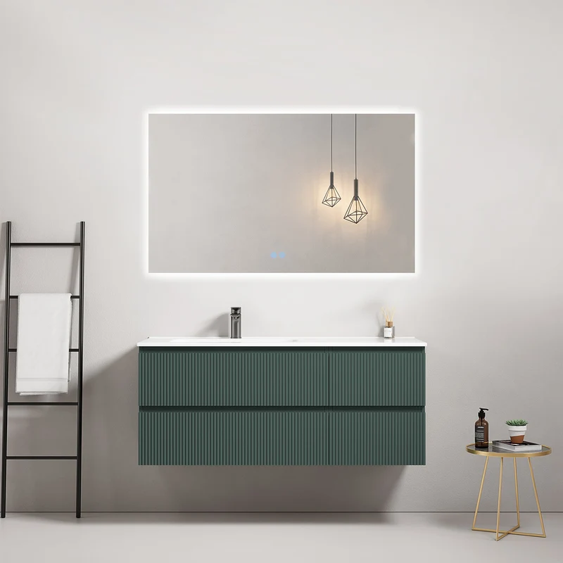 Mobile bagno sospeso cannettato 120 cm Verde Comodoro Lavabo a Sinistra in Ceramica Specchio Quadro Retroilluminato - Fiji Paint