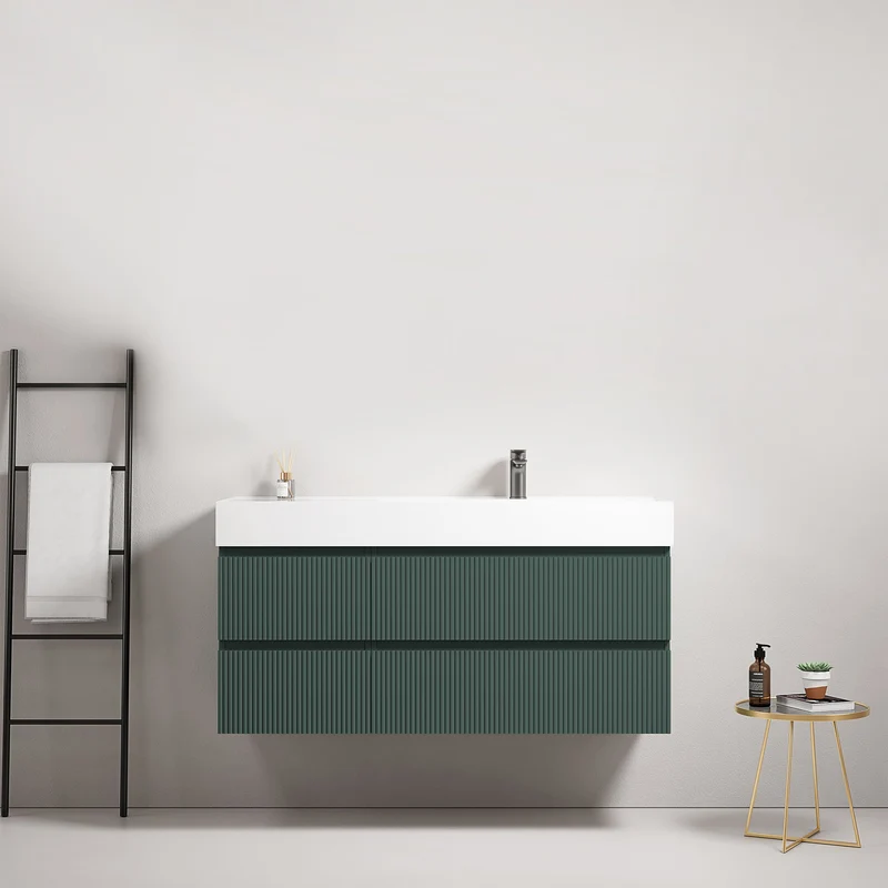 Mobile bagno sospeso cannettato 120 cm Verde Comodoro Lavabo a Destra in Resina Senza Specchio - Fiji Paint