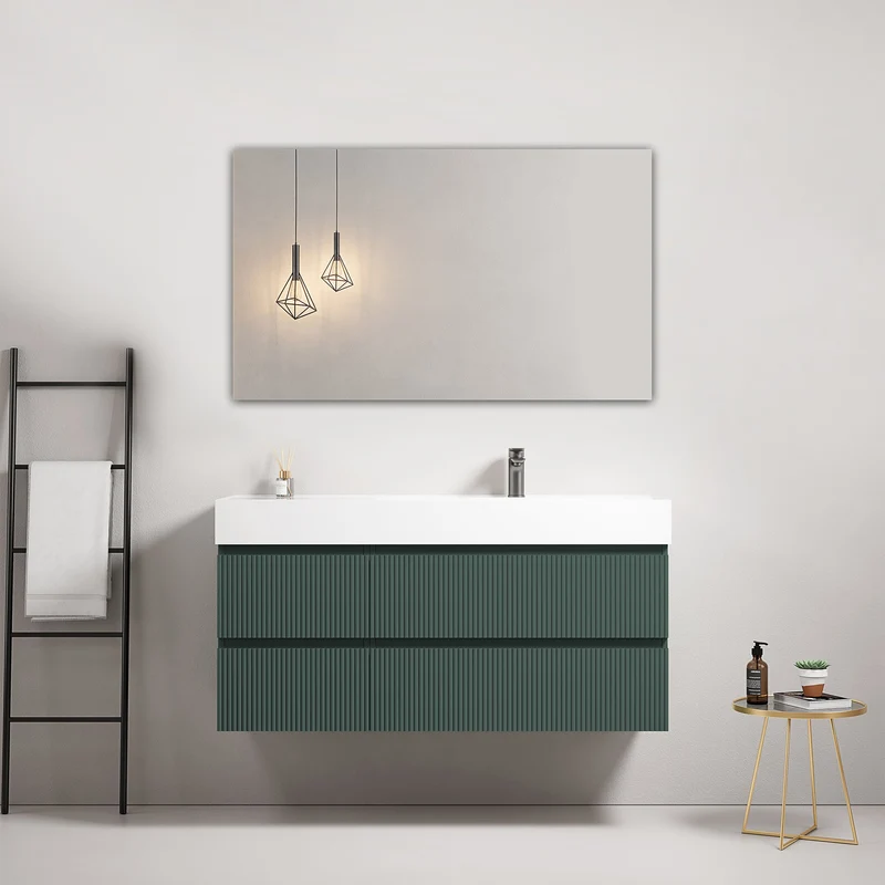 Mobile bagno sospeso cannettato 120 cm Verde Comodoro Lavabo a Destra in Resina Specchio Quadro - Fiji Paint