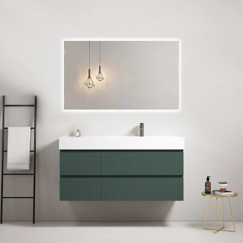 Mobile bagno sospeso cannettato 120 cm Verde Comodoro Lavabo a Destra in Resina Specchio Quadro Retroilluminato - Fiji Paint