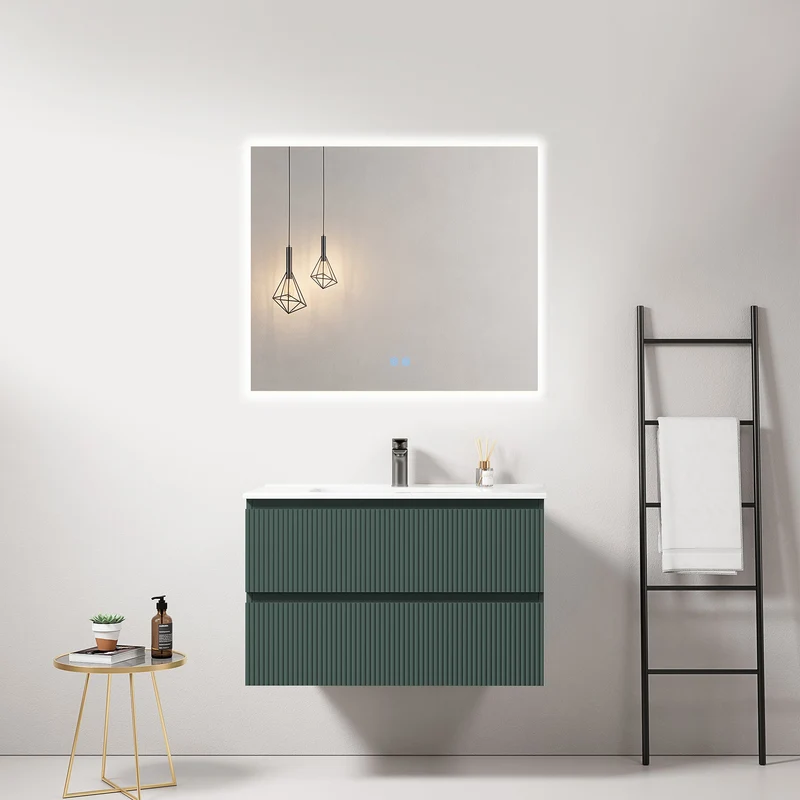 Mobile bagno sospeso cannettato 80 cm Verde Comodoro Lavabo in Ceramica Specchio Quadro Retroilluminato - Fiji Paint