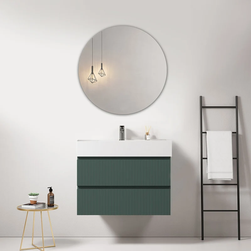 Mobile bagno sospeso cannettato 80 cm Verde Comodoro Lavabo in Resina Specchio Tondo - Fiji Paint