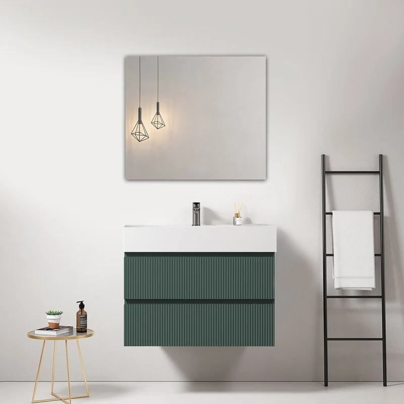 Mobile bagno sospeso cannettato 80 cm Verde Comodoro Lavabo in Resina Specchio Quadro - Fiji Paint
