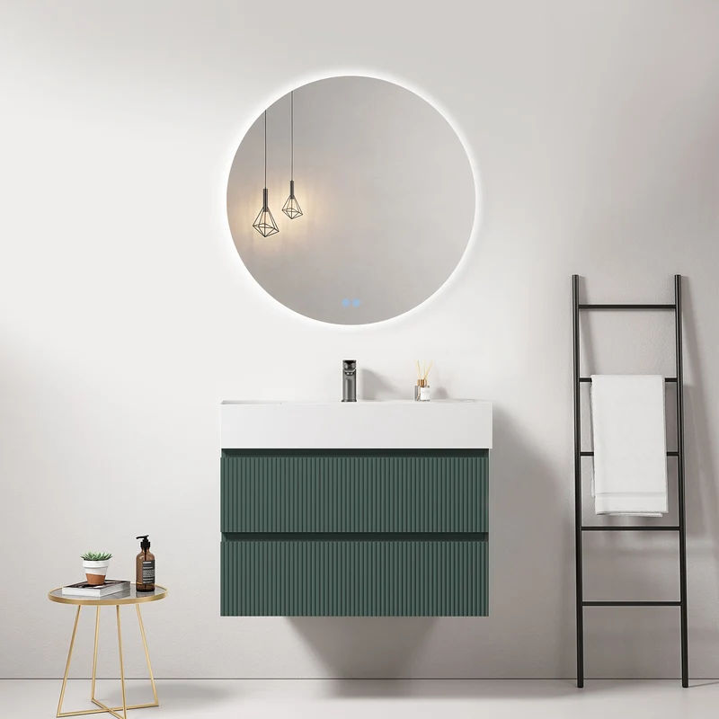Mobile bagno sospeso cannettato 80 cm Verde Comodoro Lavabo in Resina Specchio Tondo Retroilluminato - Fiji Paint