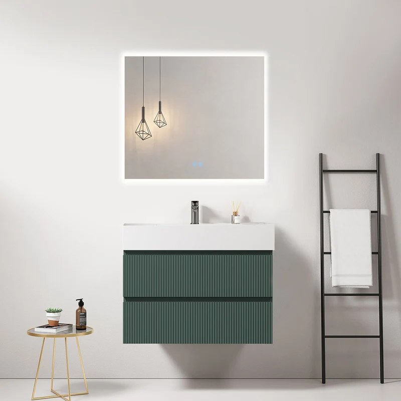Mobile bagno sospeso cannettato 80 cm Verde Comodoro Lavabo in Resina Specchio Quadro Retroilluminato - Fiji Paint