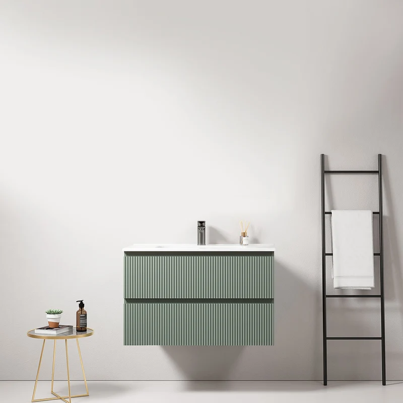 Mobile bagno sospeso cannettato 80 cm Verde Salvia Lavabo in Ceramica Senza Specchio - Fiji Paint