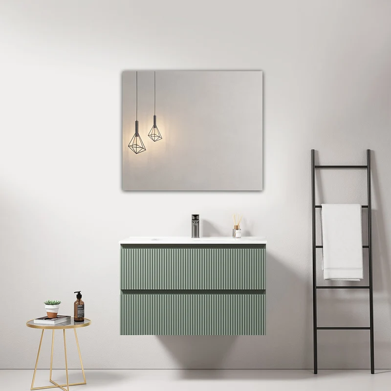 Mobile bagno sospeso cannettato 80 cm Verde Salvia Lavabo in Ceramica Specchio Quadro - Fiji Paint
