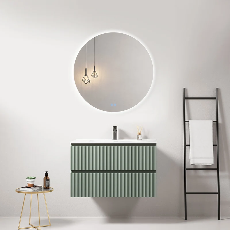 Mobile bagno sospeso cannettato 80 cm Verde Salvia Lavabo in Ceramica Specchio Tondo Retroilluminato - Fiji Paint