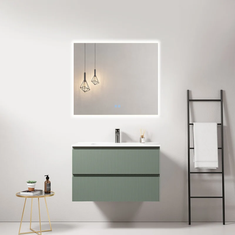 Mobile bagno sospeso cannettato 80 cm Verde Salvia Lavabo in Ceramica Specchio Quadro Retroilluminato - Fiji Paint