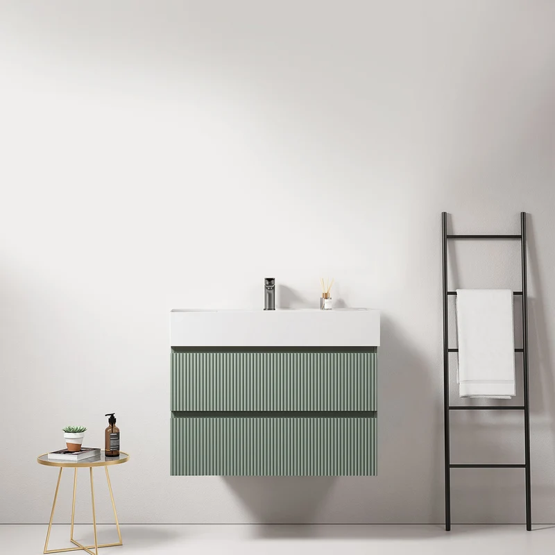 Mobile bagno sospeso cannettato 80 cm Verde Salvia Lavabo in Resina Senza Specchio - Fiji Paint