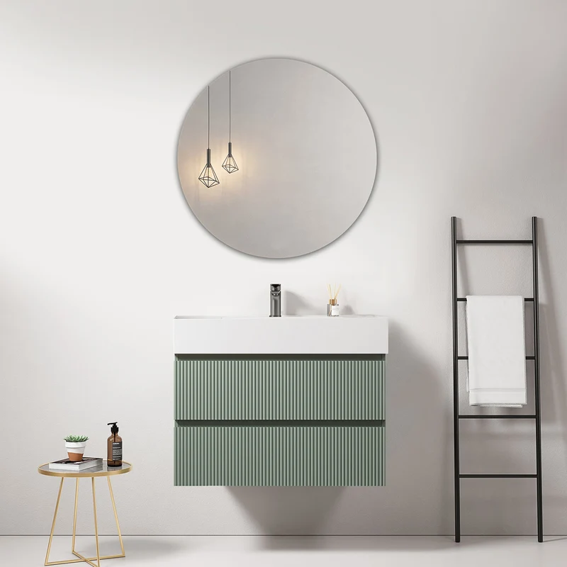 Mobile bagno sospeso cannettato 80 cm Verde Salvia Lavabo in Resina Specchio Tondo - Fiji Paint