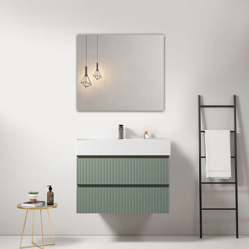 Mobile bagno sospeso cannettato 80 cm Verde Salvia Lavabo in Resina Specchio Quadro - Fiji Paint