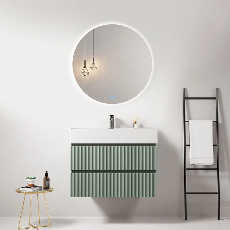 Mobile bagno sospeso cannettato 80 cm Verde Salvia Lavabo in Resina Specchio Tondo Retroilluminato - Fiji Paint