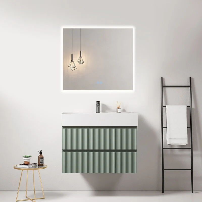 Mobile bagno sospeso cannettato 80 cm Verde Salvia Lavabo in Resina Specchio Quadro Retroilluminato - Fiji Paint