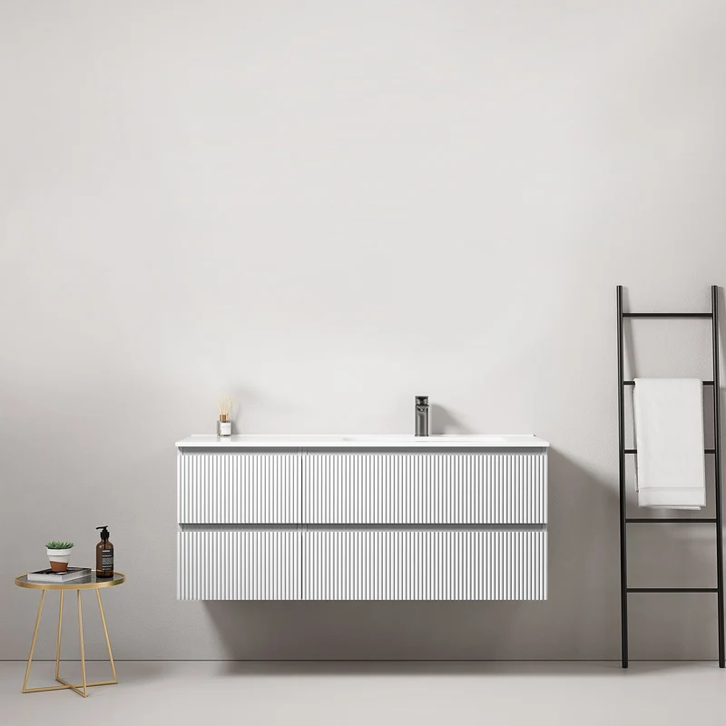 Mobile bagno sospeso cannettato 120 cm Bianco Lavabo a Destra in Ceramica Senza Specchio - Fiji Paint