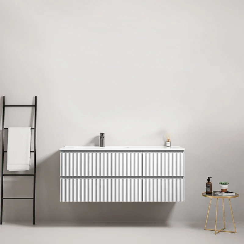Mobile bagno sospeso cannettato 120 cm Bianco Lavabo a Sinistra in Ceramica Senza Specchio - Fiji Paint
