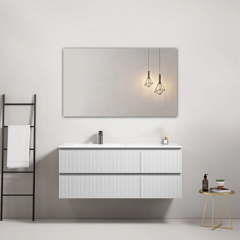 Mobile bagno sospeso cannettato 120 cm Bianco Lavabo a Sinistra in Ceramica Specchio Quadro - Fiji Paint