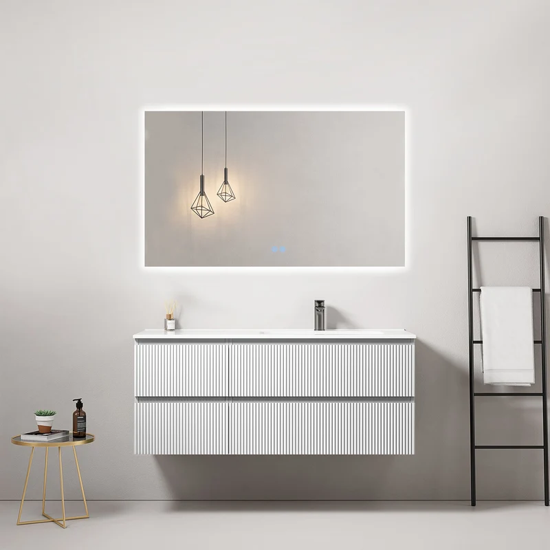 Mobile bagno sospeso cannettato 120 cm Bianco Lavabo a Destra in Ceramica Specchio Quadro Retroilluminato - Fiji Paint