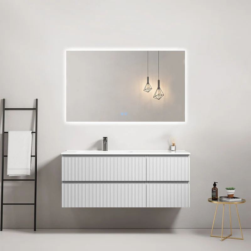 Mobile bagno sospeso cannettato 120 cm Bianco Lavabo a Sinistra in Ceramica Specchio Quadro Retroilluminato - Fiji Paint