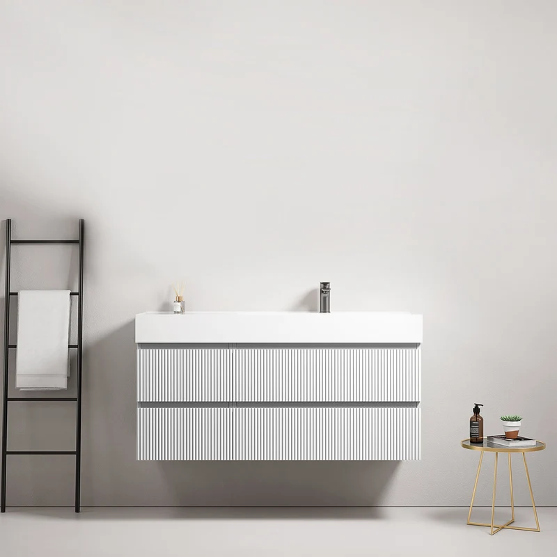Mobile bagno sospeso cannettato 120 cm Bianco Lavabo a Destra in Resina Senza Specchio - Fiji Paint