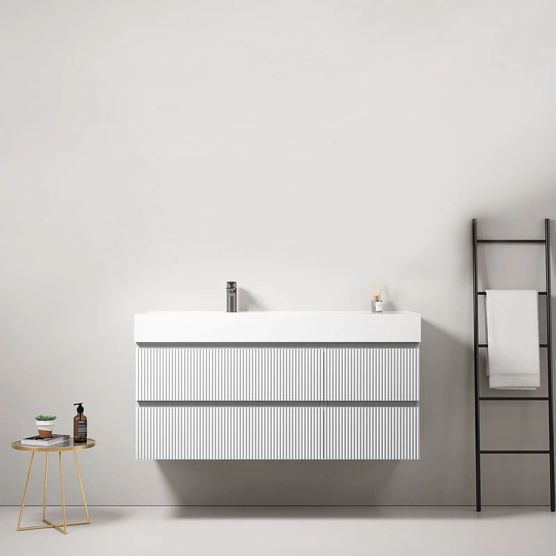 Mobile bagno sospeso cannettato 120 cm Bianco Lavabo a Sinistra in Resina Senza Specchio - Fiji Paint