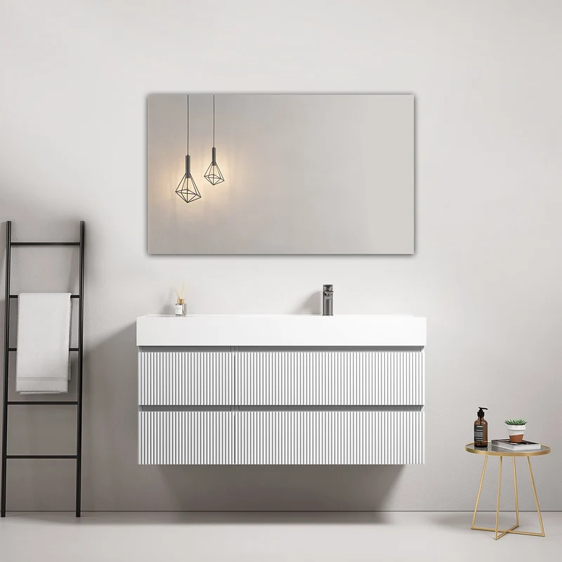 Mobile bagno sospeso cannettato 120 cm Bianco Lavabo a Destra in Resina Specchio Quadro - Fiji Paint