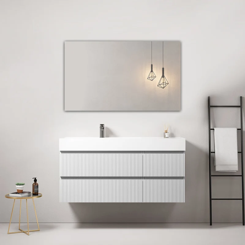 Mobile bagno sospeso cannettato 120 cm Bianco Lavabo a Sinistra in Resina Specchio Quadro - Fiji Paint
