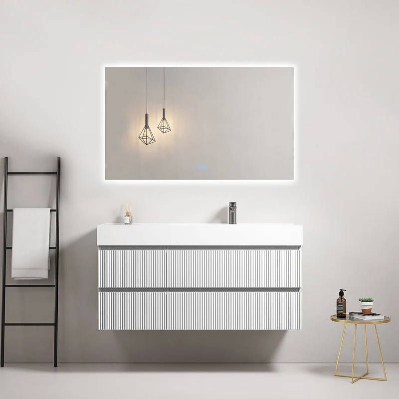 Mobile bagno sospeso cannettato 120 cm Bianco Lavabo a Destra in Resina Specchio Quadro Retroilluminato - Fiji Paint