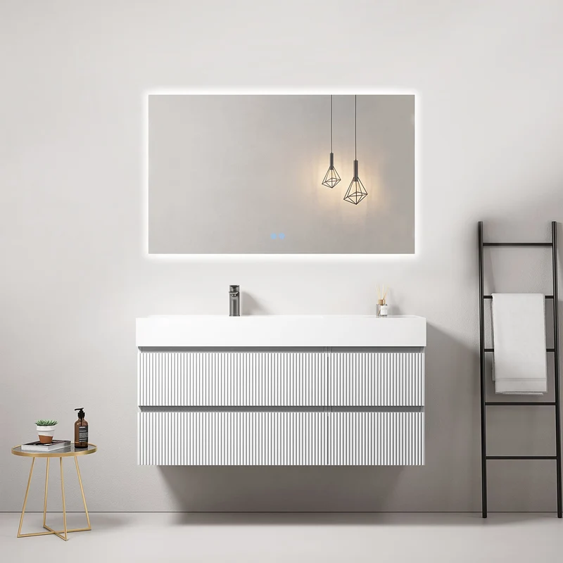 Mobile bagno sospeso cannettato 120 cm Bianco Lavabo a Sinistra in Resina Specchio Quadro Retroilluminato - Fiji Paint