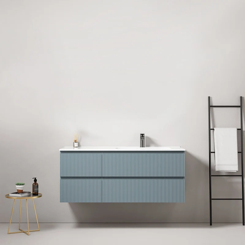 Mobile bagno sospeso cannettato 120 cm Blu Avio Lavabo a Destra in Ceramica Senza Specchio - Fiji Paint