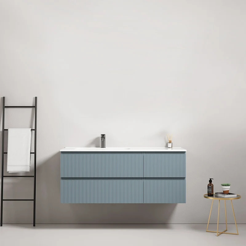 Mobile bagno sospeso cannettato 120 cm Blu Avio Lavabo a Sinistra in Ceramica Senza Specchio - Fiji Paint