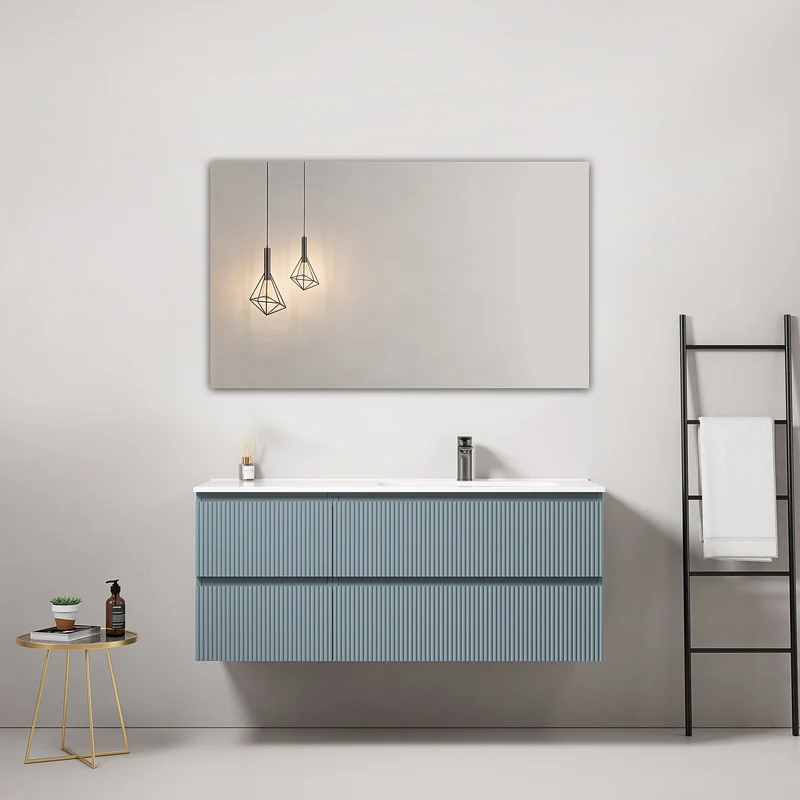 Mobile bagno sospeso cannettato 120 cm Blu Avio Lavabo a Destra in Ceramica Specchio Quadro - Fiji Paint