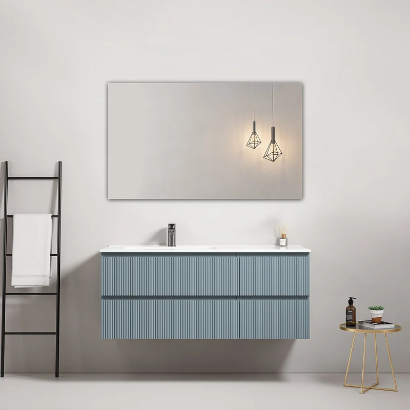 Mobile bagno sospeso cannettato 120 cm Blu Avio Lavabo a Sinistra in Ceramica Specchio Quadro - Fiji Paint