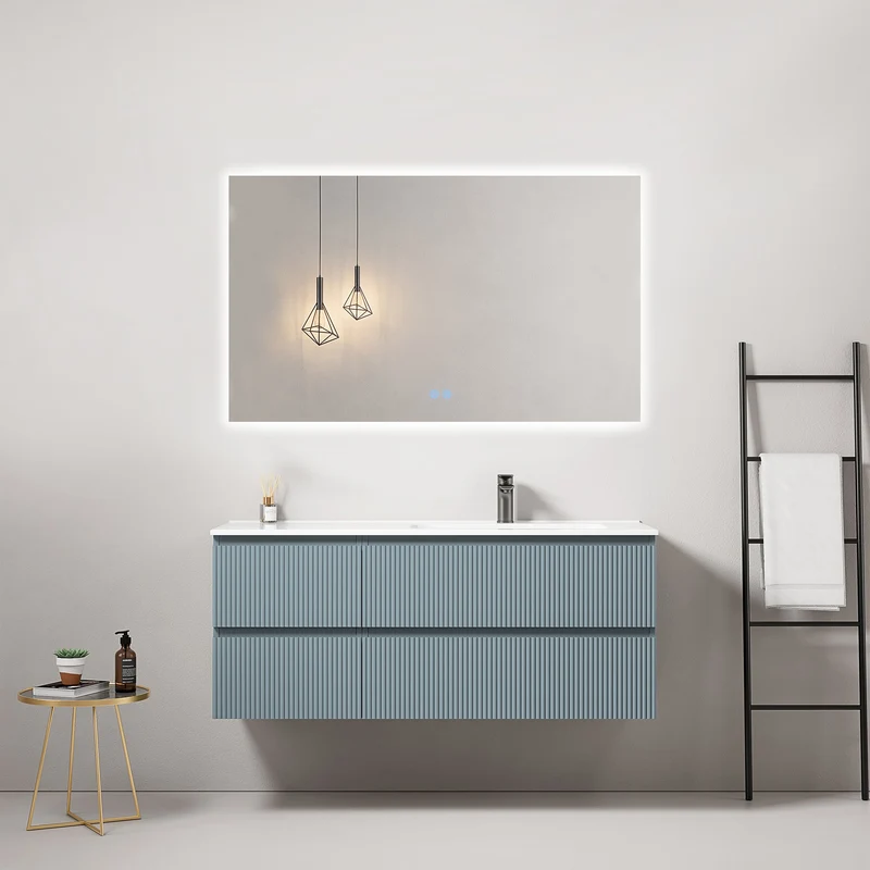 Mobile bagno sospeso cannettato 120 cm Blu Avio Lavabo a Destra in Ceramica Specchio Quadro Retroilluminato - Fiji Paint