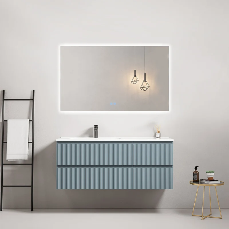 Mobile bagno sospeso cannettato 120 cm Blu Avio Lavabo a Sinistra in Ceramica Specchio Quadro Retroilluminato - Fiji Paint