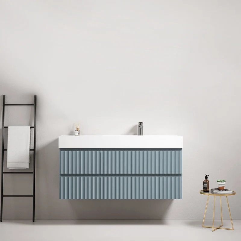Mobile bagno sospeso cannettato 120 cm Blu Avio Lavabo a Destra in Resina Senza Specchio - Fiji Paint